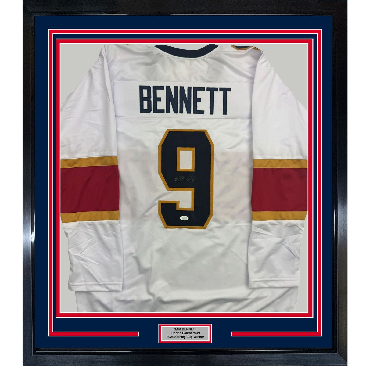 Framed Autographed/Signed Sam Bennett 35x39 Florida White Hockey Jersey JSA COA