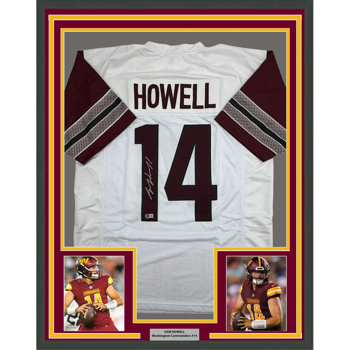Framed Autographed/Signed Sam Howell 35x39 Washington White Football Jersey Beckett BAS COA