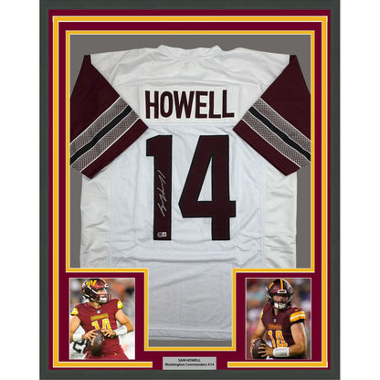 Framed Autographed/Signed Sam Howell 35x39 Washington White Football Jersey Beckett BAS COA