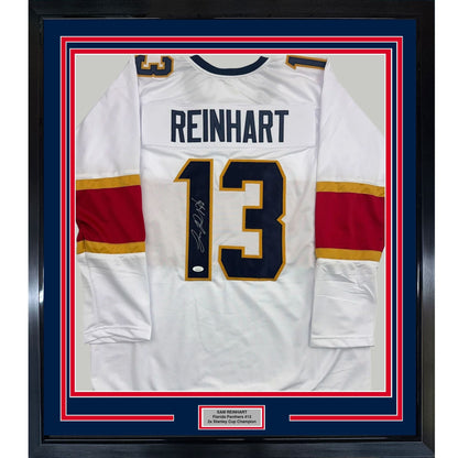 Framed Autographed/Signed Sam Reinhart 35x39 Florida White Hockey Jersey JSA COA