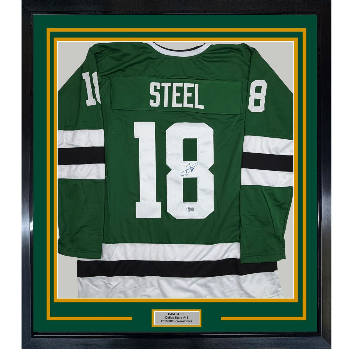 Framed Autographed/Signed Sam Steel 35x39 Dallas Green Hockey Jersey Beckett BAS COA