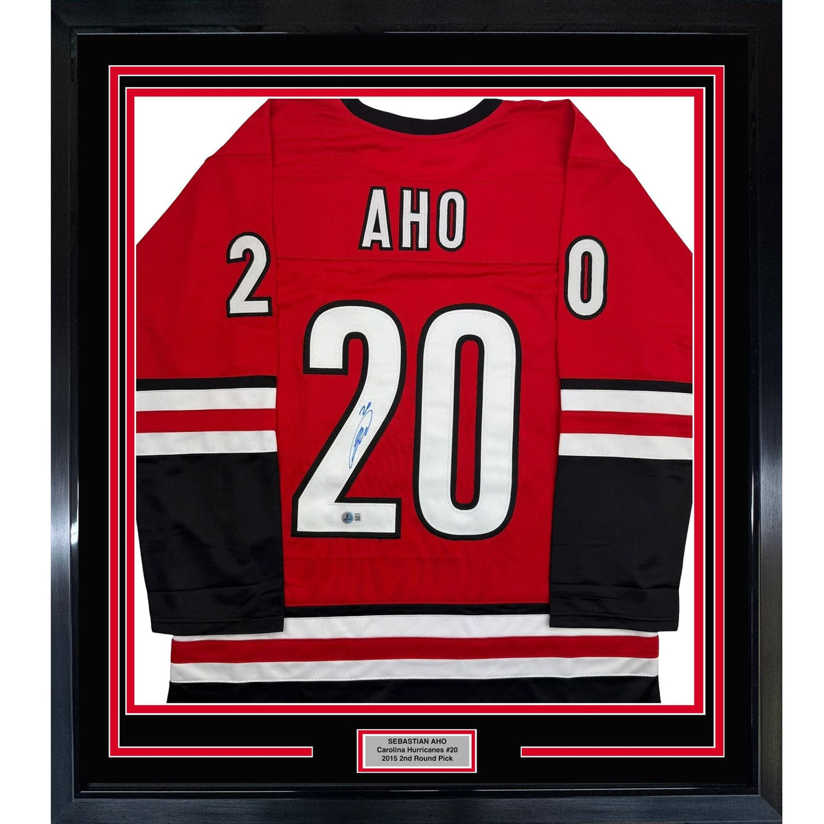 Framed Autographed/Signed Sebastian Aho 35x39 Carolina Red Hockey Jersey Beckett BAS COA