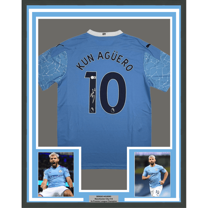 Framed Autographed/Signed Sergio Kun Aguero #10 35x39 Manchester City Blue Soccer Futbol Jersey Beckett BAS COA
