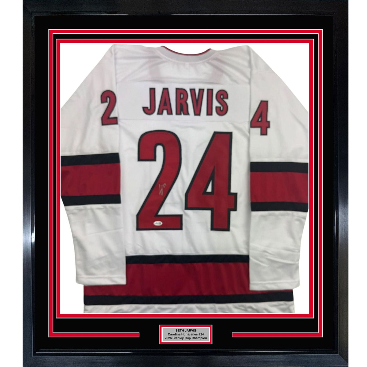 Framed Autographed/Signed Seth Jarvis 35x39 Carolina White Hockey Jersey JSA COA