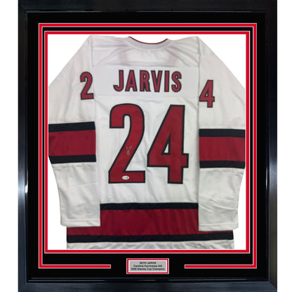 Framed Autographed/Signed Seth Jarvis 35x39 Carolina White Hockey Jersey JSA COA