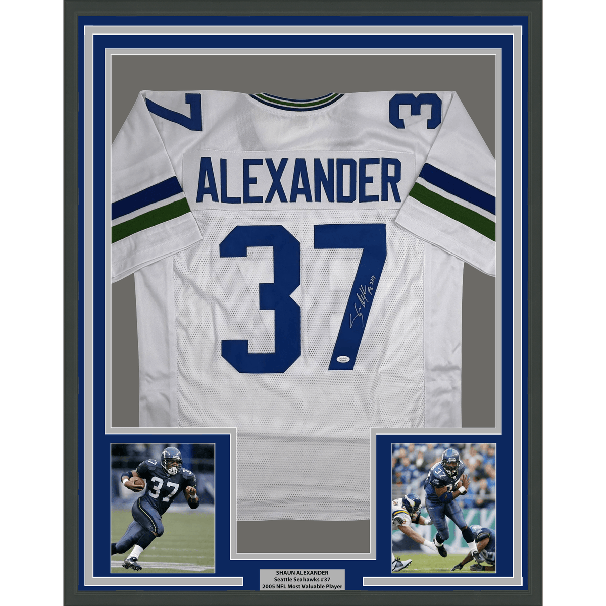 Framed Autographed/Signed Shaun Alexander 35x39 Seattle White Football Jersey Beckett BAS COA