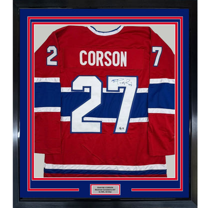 Framed Autographed/Signed Shayne Corson 35x39 Montreal Red Hockey Jersey Beckett BAS COA