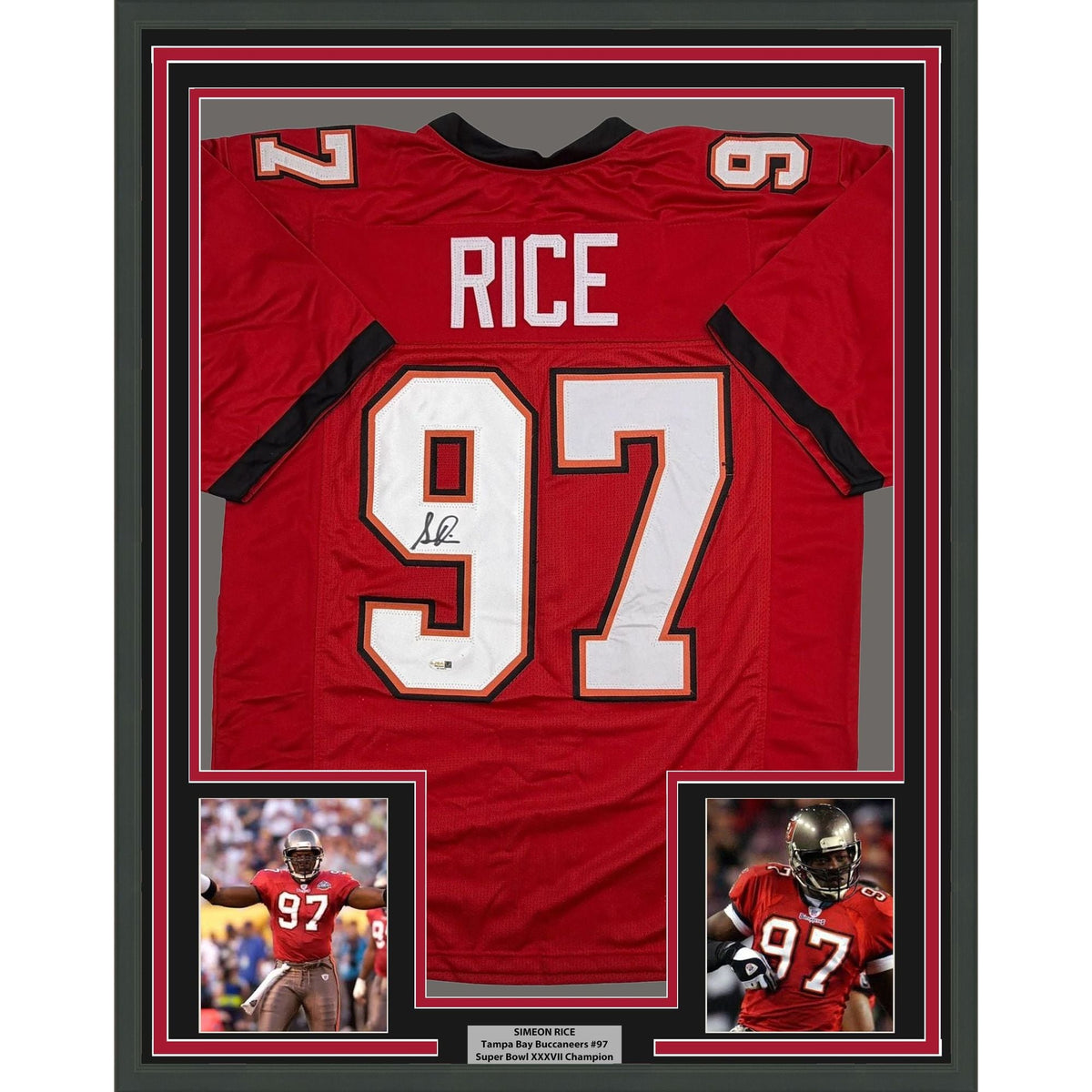 Framed Autographed/Signed Simeon Rice 35x39 Tampa Bay Red Football Jersey JSA COA