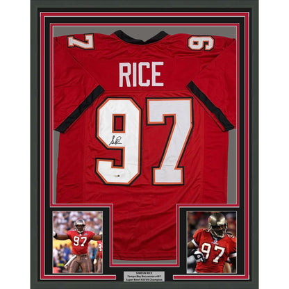 Framed Autographed/Signed Simeon Rice 35x39 Tampa Bay Red Football Jersey JSA COA