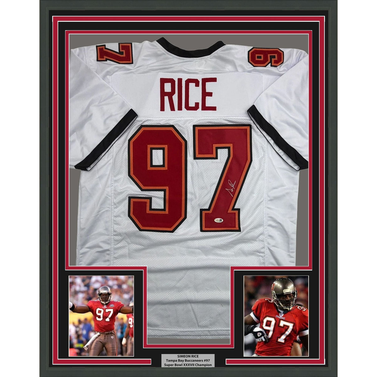 Framed Autographed/Signed Simeon Rice 35x39 Tampa Bay White Football Jersey JSA COA