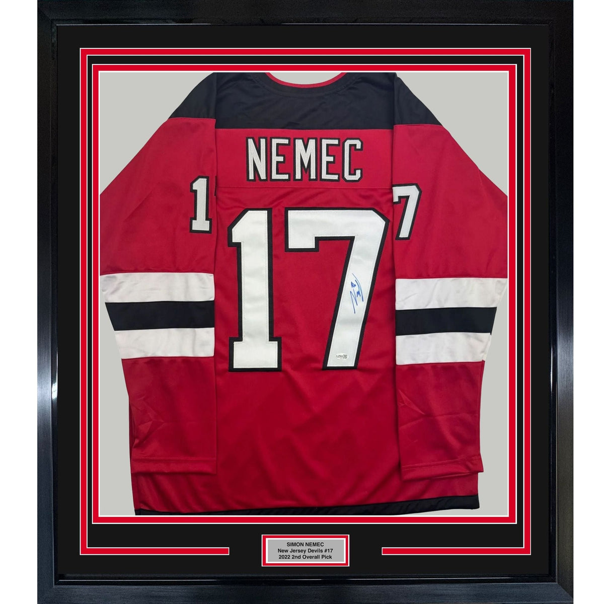 Framed Autographed/Signed Simon Nemec 35x39 New Jersey NJ Red Hockey Jersey JSA COA