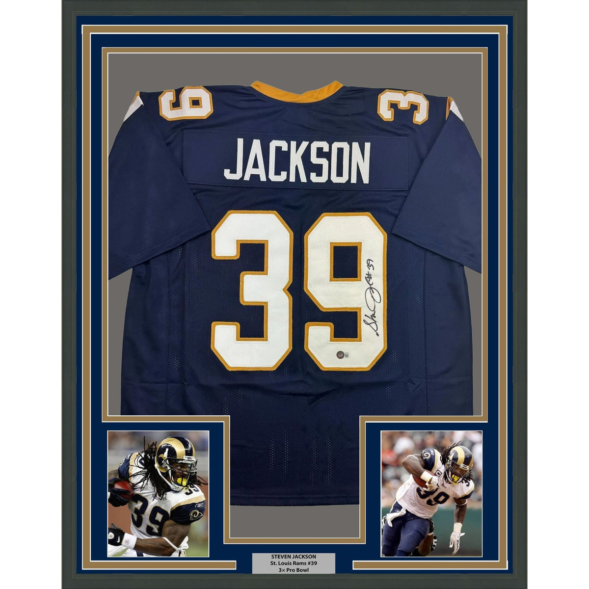 Framed Autographed/Signed Steven Jackson 35x39 St. Louis Dark Blue Football Jersey Beckett BAS COA