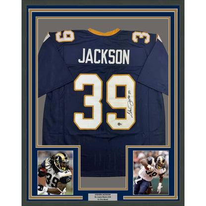 Framed Autographed/Signed Steven Jackson 35x39 St. Louis Dark Blue Football Jersey Beckett BAS COA