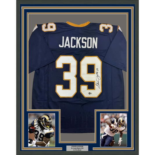 Framed Autographed/Signed Steven Jackson 35x39 St. Louis Dark Blue Football Jersey Beckett BAS COA