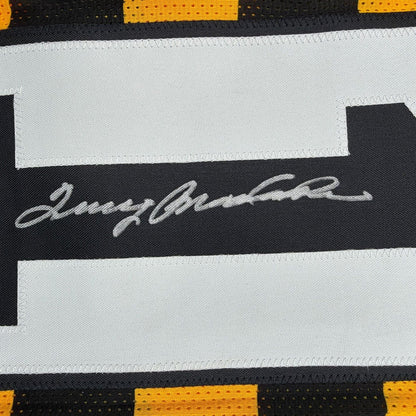 Framed Autographed/Signed Terry Bradshaw 35x39 Pittsburgh Bumble Bee Football Jersey Beckett BAS COA