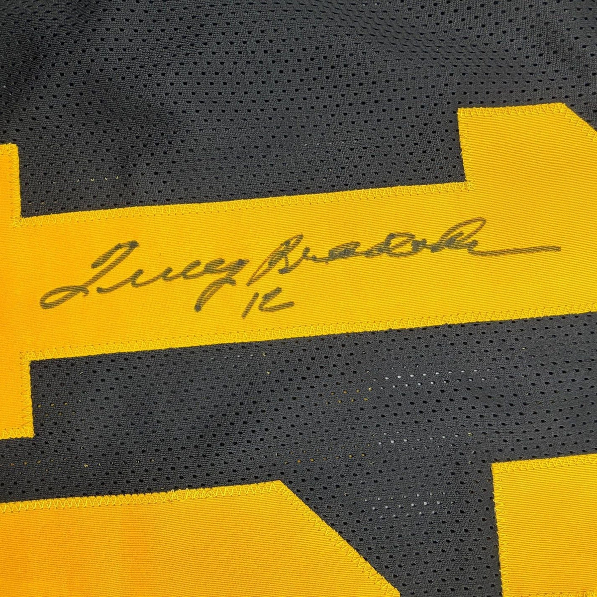 Framed Autographed/Signed Terry Bradshaw 35x39 Pittsburgh Black Color Rush Football Jersey Beckett BAS COA