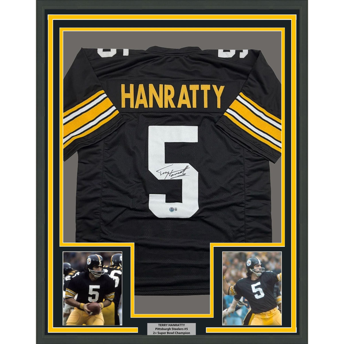 Framed Autographed/Signed Terry Hanratty 35x39 Pittsburgh Black Football Jersey Beckett BAS COA