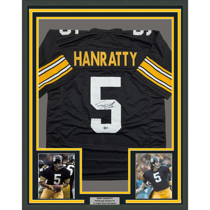 Framed Autographed/Signed Terry Hanratty 35x39 Pittsburgh Black Football Jersey Beckett BAS COA