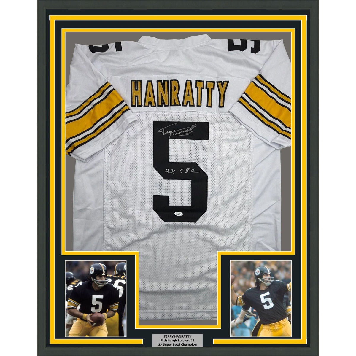 Framed Autographed/Signed Terry Hanratty 35x39 Pittsburgh White Football Jersey JSA COA