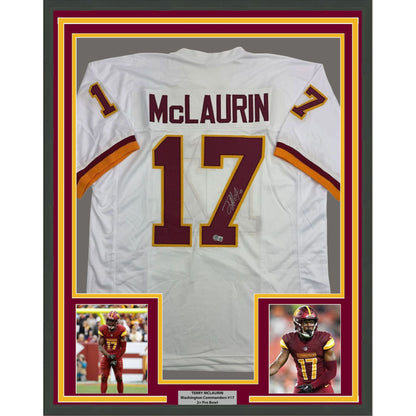 Framed Autographed/Signed Terry McLaurin 35x39 Washington White Retro Football Jersey Beckett BAS COA