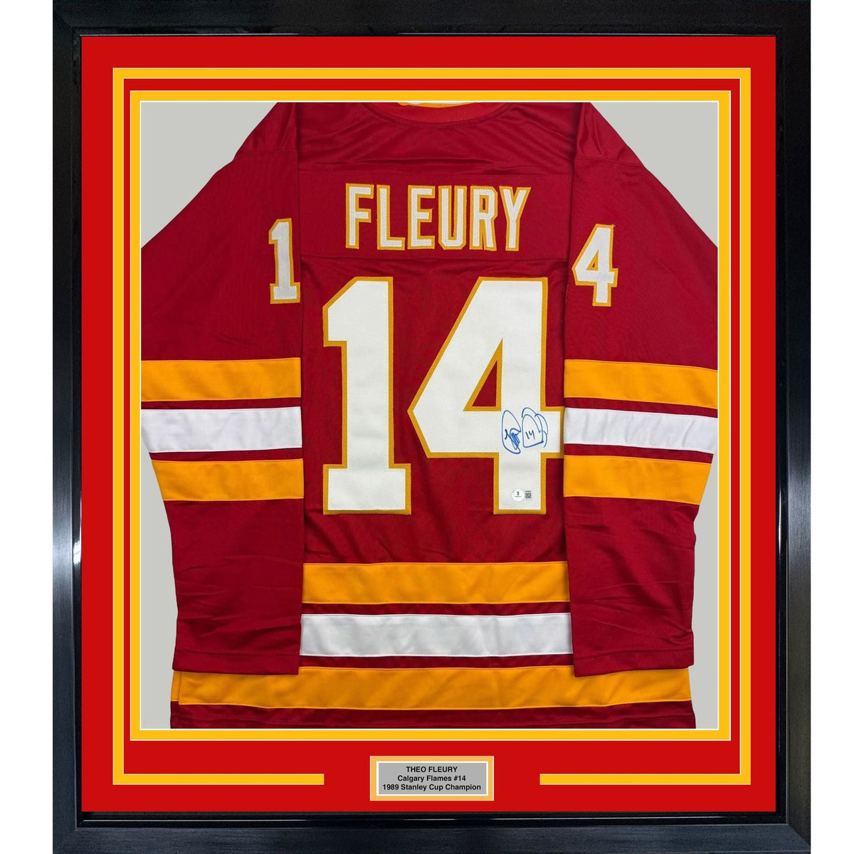 Framed Autographed/Signed Theo Fleury 35x39 Calgary Red Hockey Jersey Beckett BAS COA