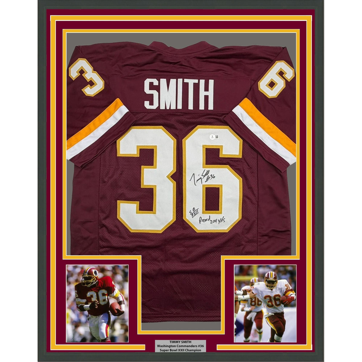 Framed Autographed/Signed Timmy Smith 35x39 Washington Maroon Football Jersey Beckett BAS COA