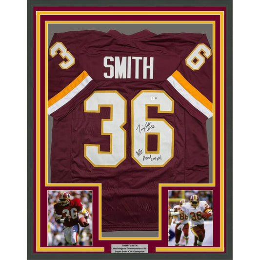 Framed Autographed/Signed Timmy Smith 35x39 Washington Maroon Football Jersey Beckett BAS COA