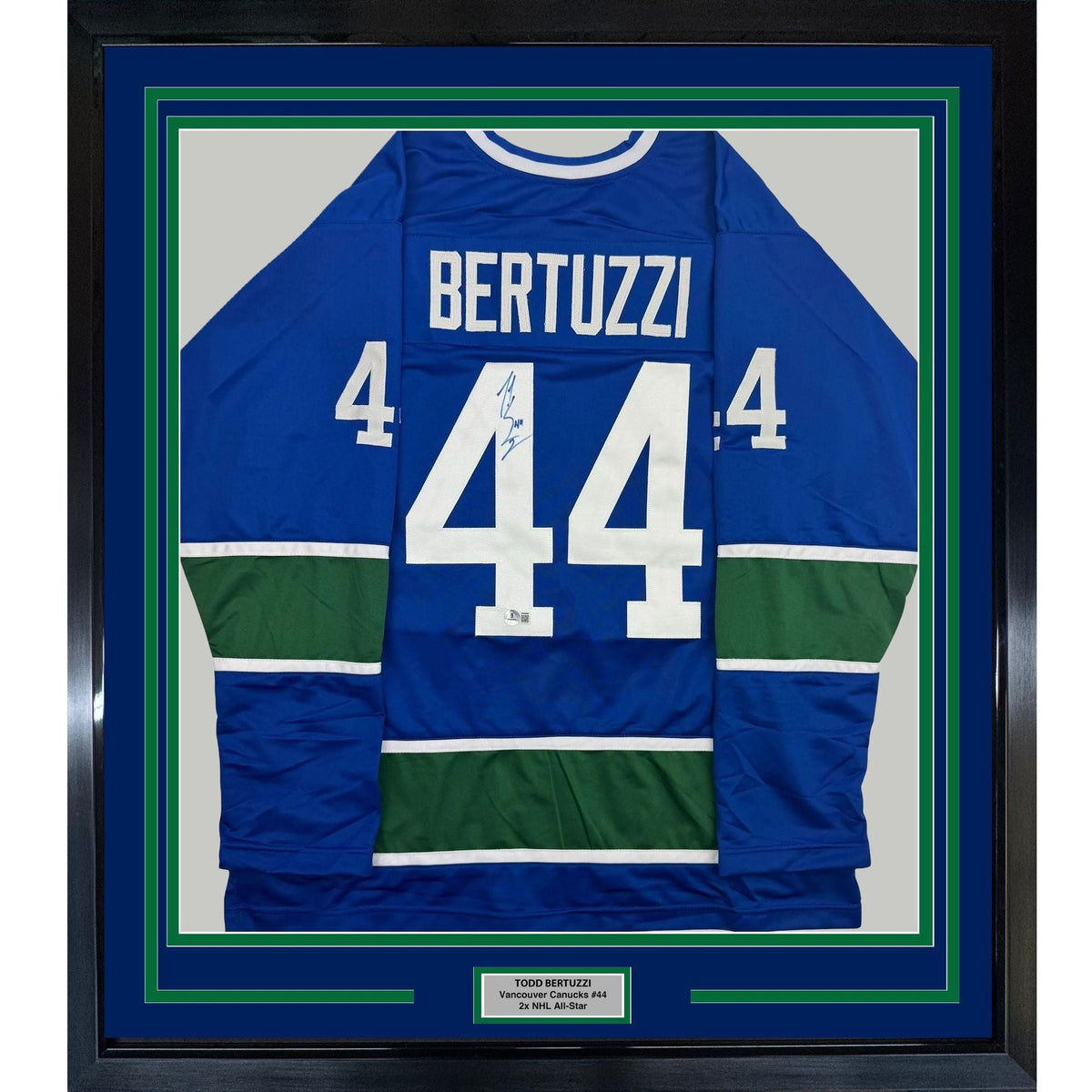 Framed Autographed/Signed Todd Bertuzzi 35x39 Vancouver Blue Hockey Jersey Beckett BAS COA