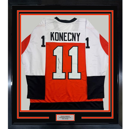 Framed Autographed/Signed Travis Konecny 35x39 Philadelphia Orange Hockey Jersey JSA COA