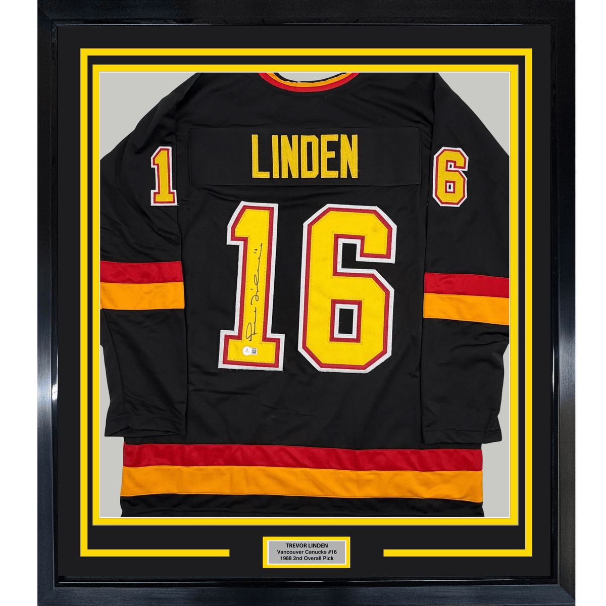 Framed Autographed/Signed Trevor Linden 35x39 Vancouver Black Hockey Jersey Beckett BAS COA