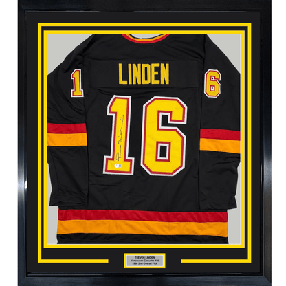 Framed Autographed/Signed Trevor Linden 35x39 Vancouver Black Hockey Jersey Beckett BAS COA