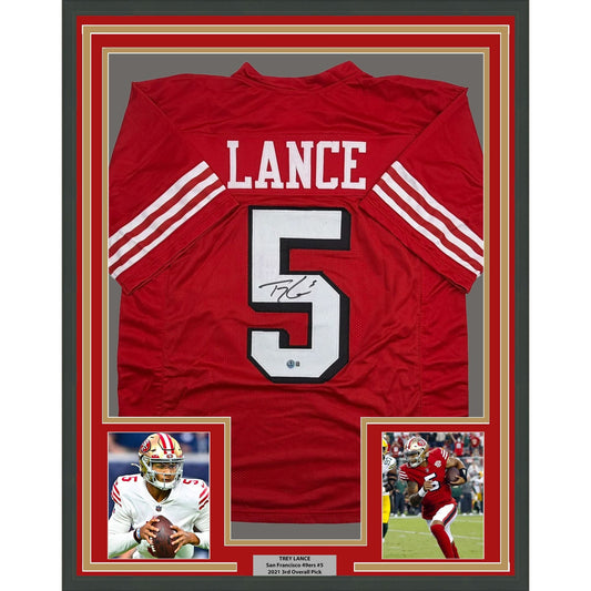 Framed Autographed/Signed Trey Lance 35x39 San Francisco Red Alternate Football Jersey Beckett BAS COA