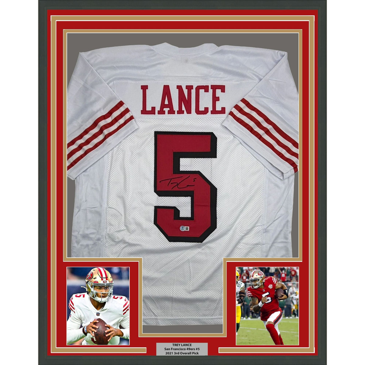 Framed Autographed/Signed Trey Lance 35x39 San Francisco White Alternate Football Jersey Beckett BAS COA