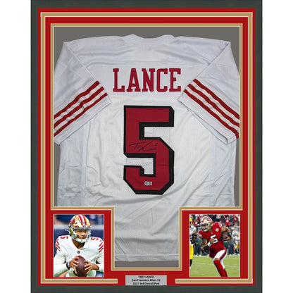Framed Autographed/Signed Trey Lance 35x39 San Francisco White Alternate Football Jersey Beckett BAS COA