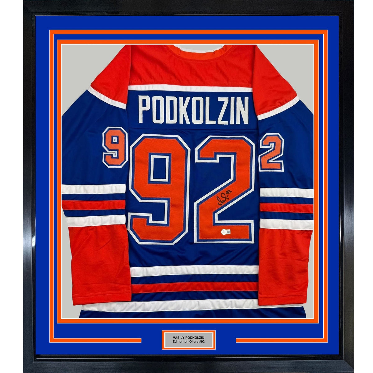 Framed Autographed/Signed Vasily Podkolzin 35x39 Edmonton Blue Hockey Jersey Beckett BAS COA