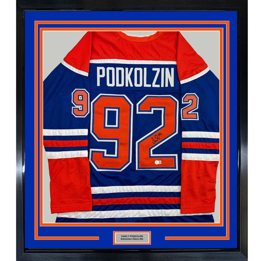 Framed Autographed/Signed Vasily Podkolzin 35x39 Edmonton Blue Hockey Jersey Beckett BAS COA