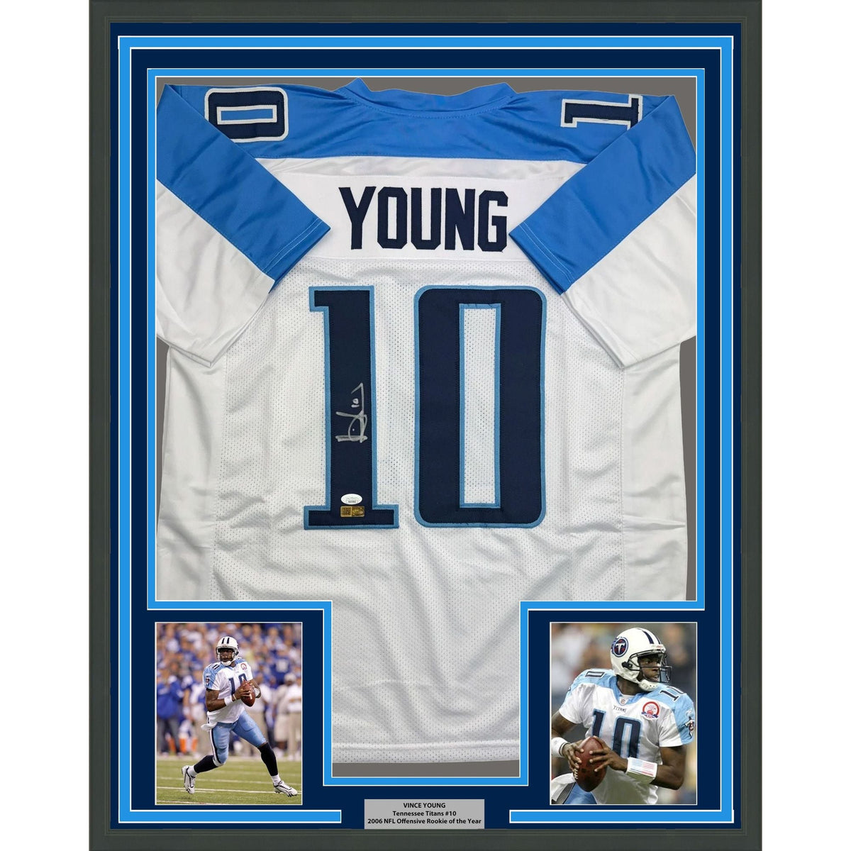 Framed Autographed/Signed Vince Young 35x39 Tennessee White Football Jersey JSA COA