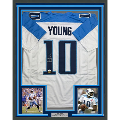 Framed Autographed/Signed Vince Young 35x39 Tennessee White Football Jersey JSA COA