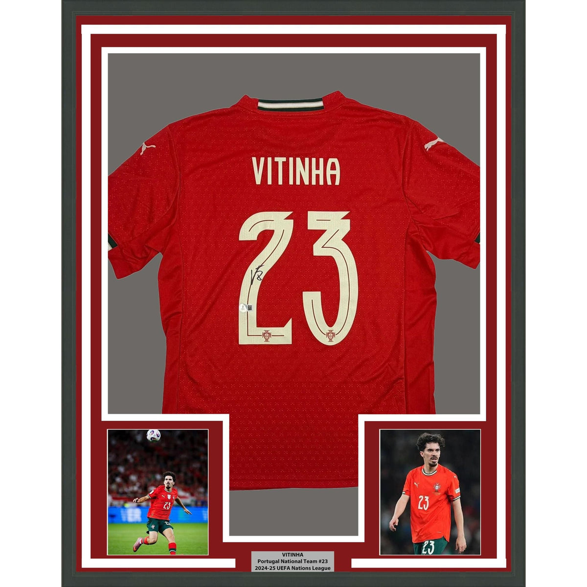 Framed Autographed/Signed Vitinha 35x39 Red Portugal Soccer World Cup Jersey Beckett BAS COA