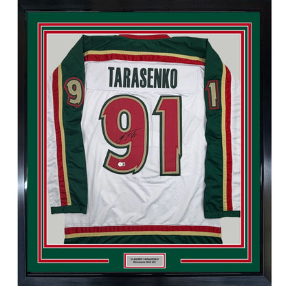 Framed Autographed/Signed Vladimir Tarasenko 35x39 Minnesota White 25th Anniversary Hockey Jersey Beckett BAS COA