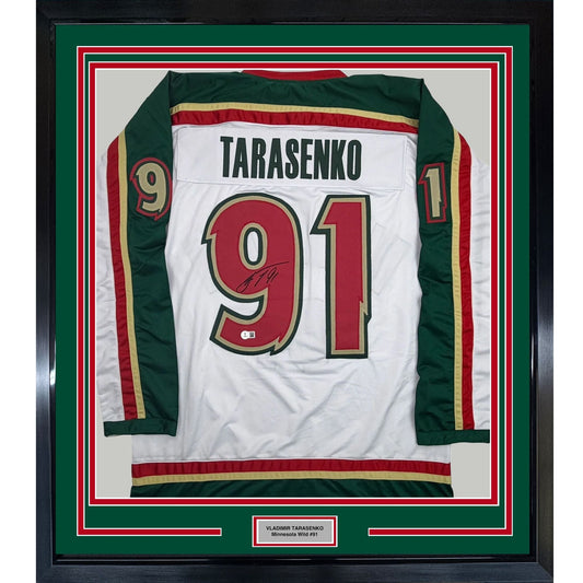 Framed Autographed/Signed Vladimir Tarasenko 35x39 Minnesota White 25th Anniversary Hockey Jersey Beckett BAS COA