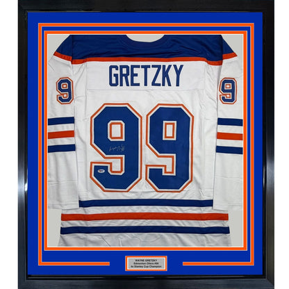 Framed Autographed/Signed Wayne Gretzky 35x39 Edmonton White Hockey Jersey PSA/DNA COA