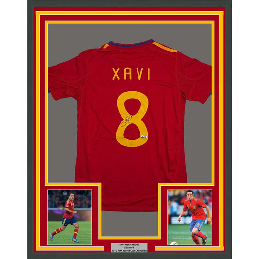 Framed Autographed/Signed Xavi Hernandez 35x39 Spain Red Soccer Futbol Jersey Beckett BAS COA #2