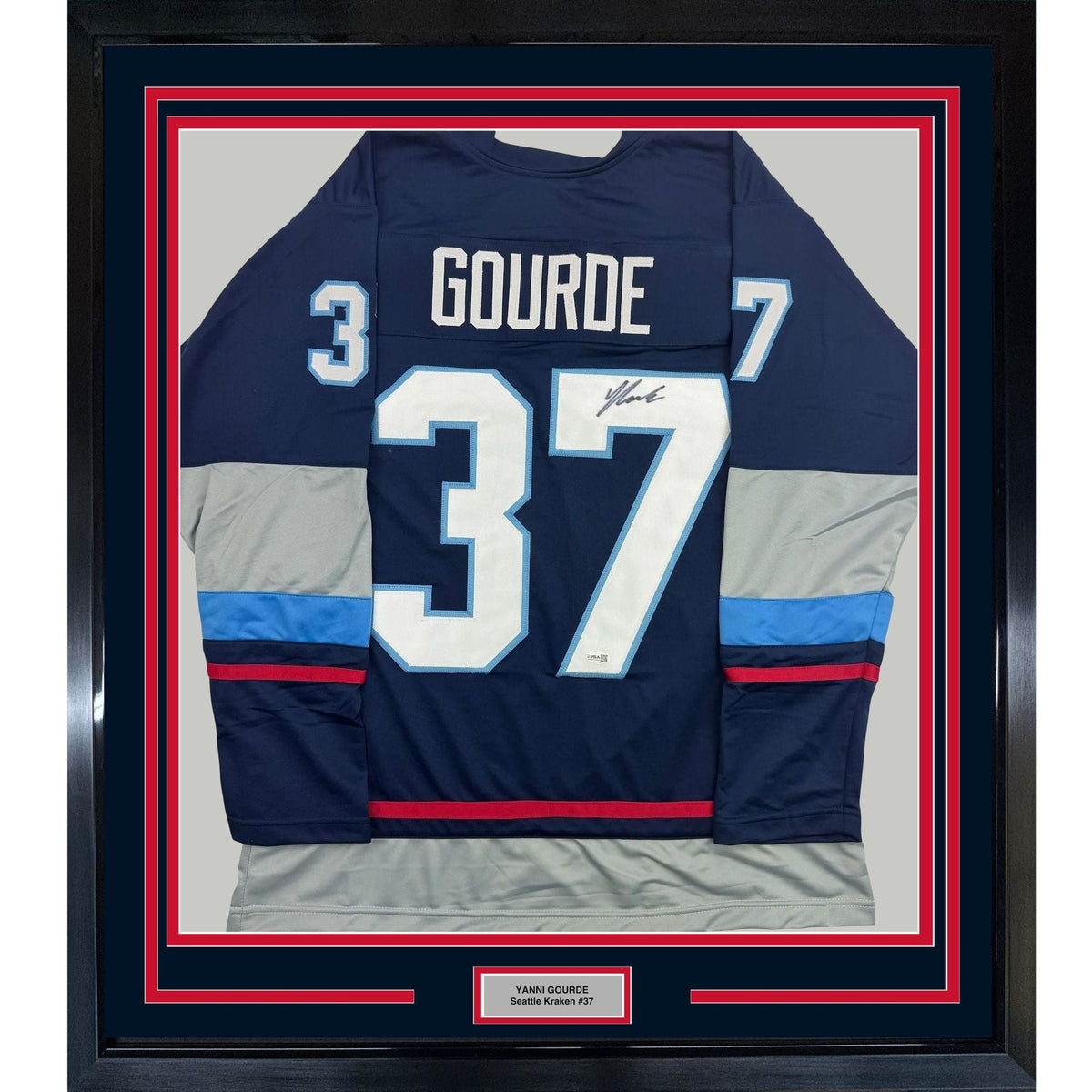 Framed Autographed/Signed Yanni Gourde 35x39 Seattle Blue Hockey Jersey JSA COA