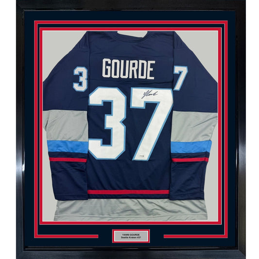 Framed Autographed/Signed Yanni Gourde 35x39 Seattle Blue Hockey Jersey JSA COA