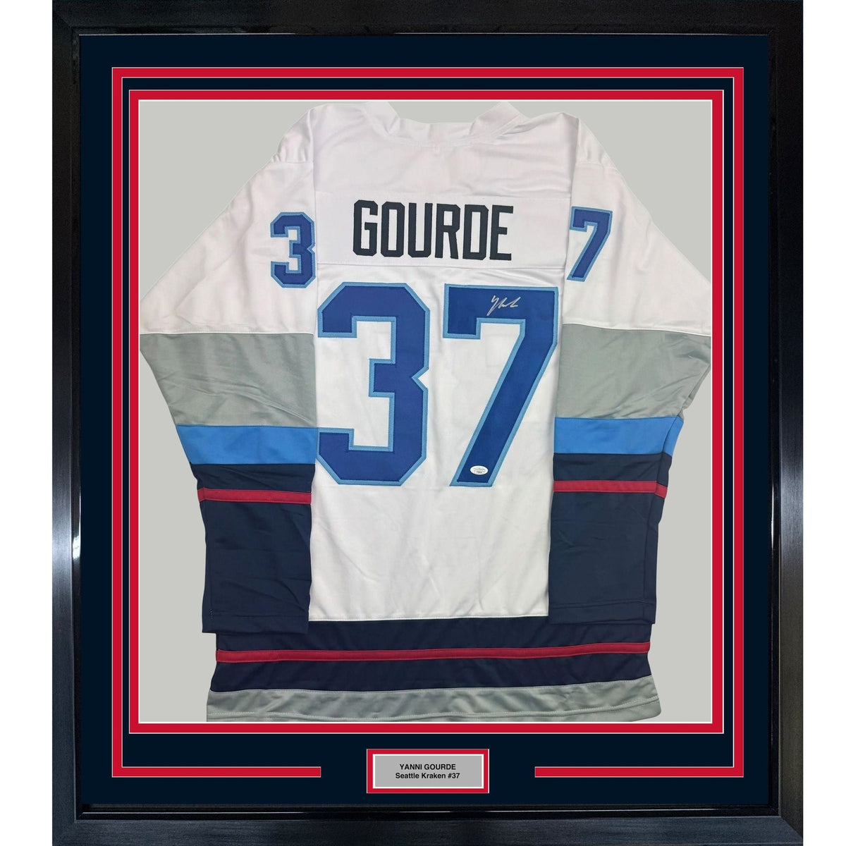 Framed Autographed/Signed Yanni Gourde 35x39 Seattle White Hockey Jersey JSA COA