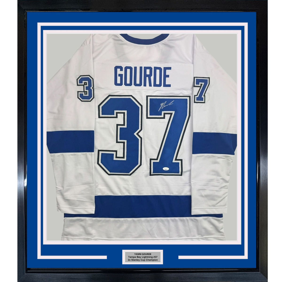 Framed Autographed/Signed Yanni Gourde 35x39 Tampa Bay White Hockey Jersey JSA COA