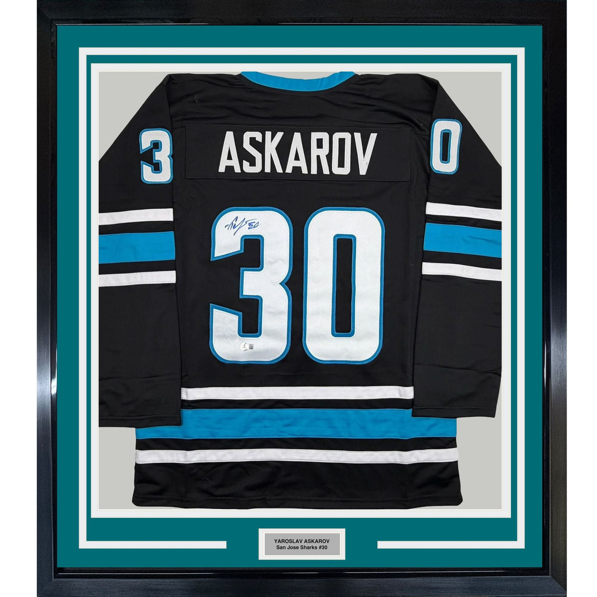 Framed Autographed/Signed Yaroslav Askarov 35x39 San Jose Black Hockey Jersey Beckett BAS COA