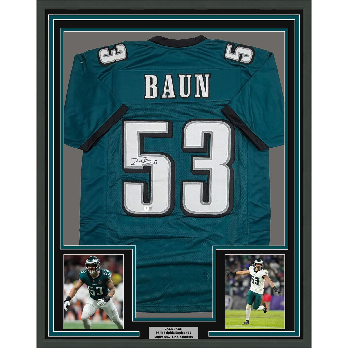 Framed Autographed/Signed Zack Baun 35x39 Philadelphia Green Football Jersey Beckett BAS COA