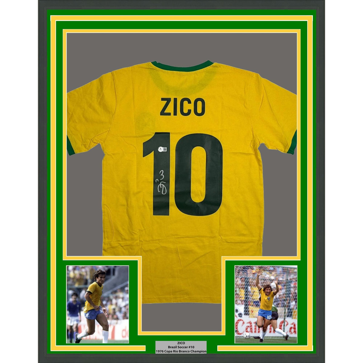 Framed Autographed/Signed Zico 35x39 Brazil Yellow Soccer Futbol Jersey Beckett BAS COA